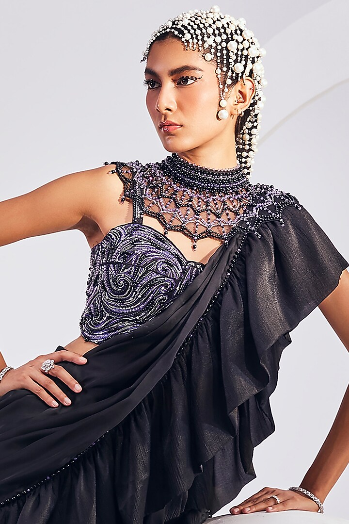 Black Chiffon Satin Embroidered Concept Ruffled Reception Saree Set by Divya Aggarwal at Pernia's Pop Up Shop