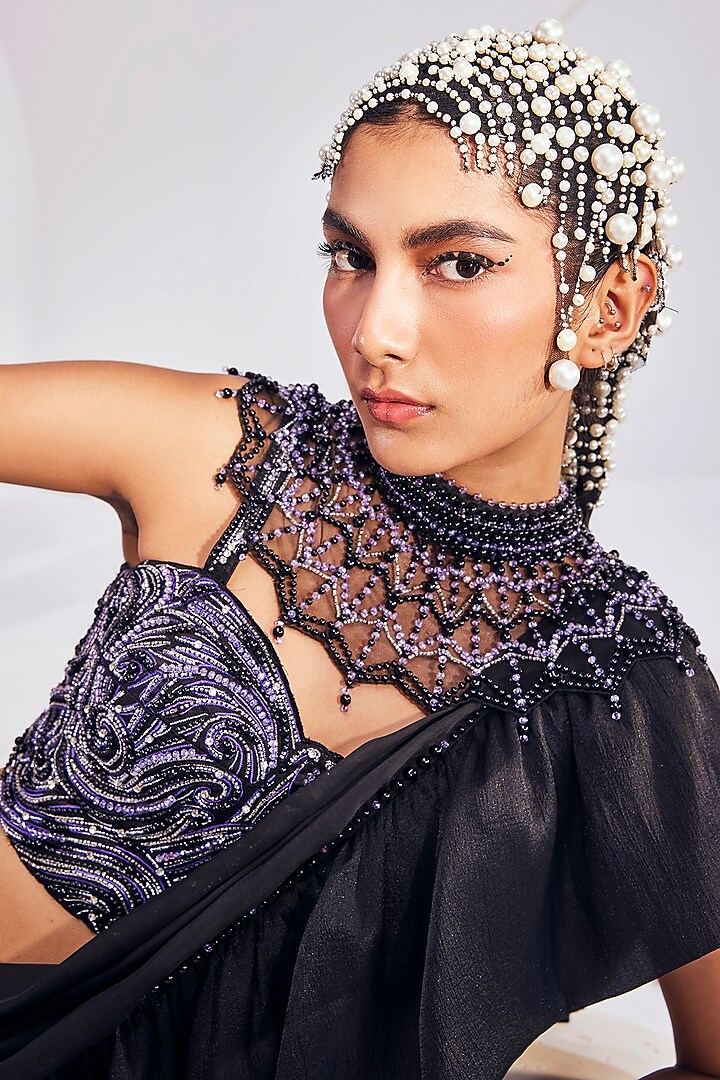 Black Chiffon Satin Embroidered Concept Ruffled Reception Saree Set by Divya Aggarwal at Pernia's Pop Up Shop