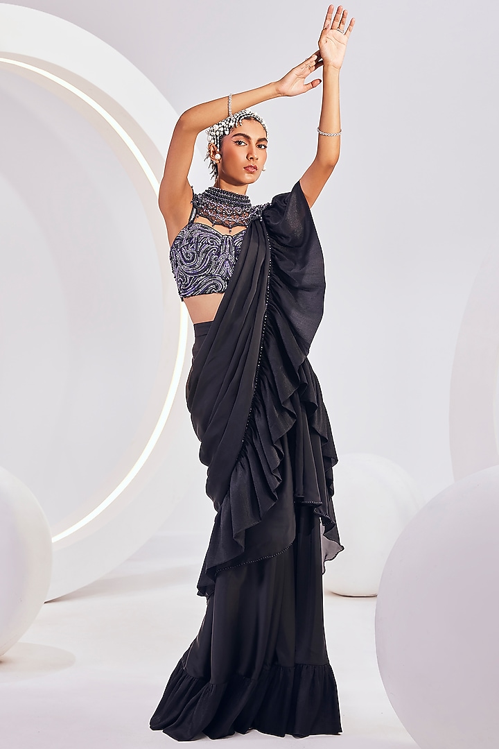 Black Chiffon Satin Embroidered Concept Ruffled Reception Saree Set by Divya Aggarwal at Pernia's Pop Up Shop