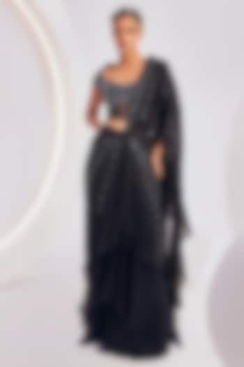 Black Satin Pre-Draped Concept Wedding Saree Set by Divya Aggarwal at Pernia's Pop Up Shop