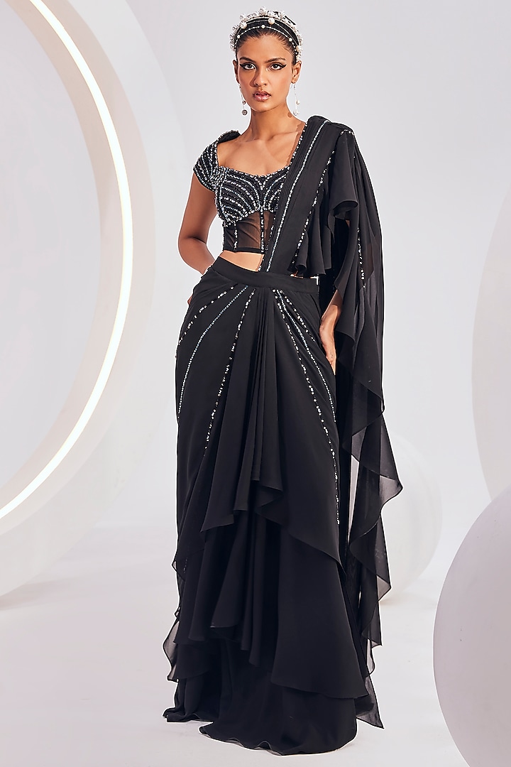 Black Satin Pre-Draped Concept Wedding Saree Set by Divya Aggarwal at Pernia's Pop Up Shop