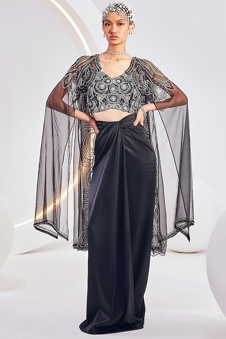 Black Organza Embellished Cape Set by Divya Aggarwal at Pernia's Pop Up Shop