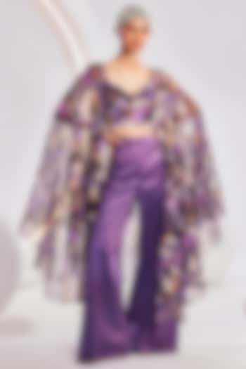 Purple & Beige Organza Printed Cape Set by Divya Aggarwal at Pernia's Pop Up Shop