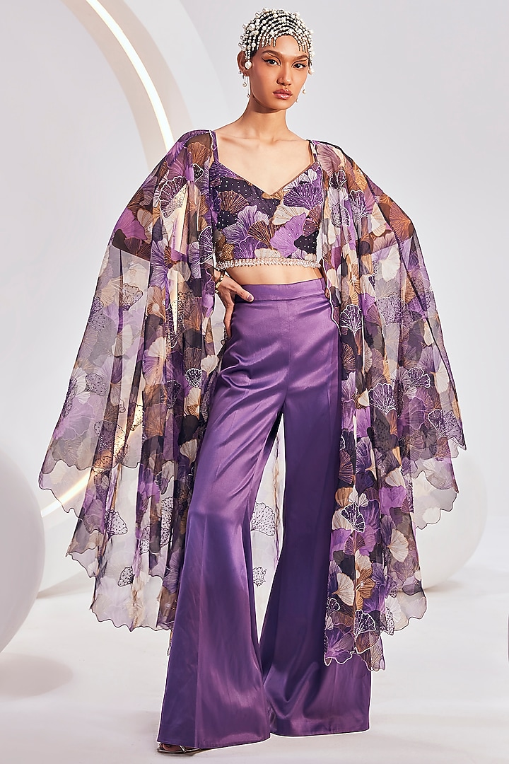 Purple & Beige Organza Printed Cape Set by Divya Aggarwal at Pernia's Pop Up Shop