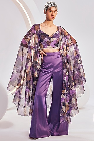 Purple & Beige Organza Printed Cape Set by Divya Aggarwal
