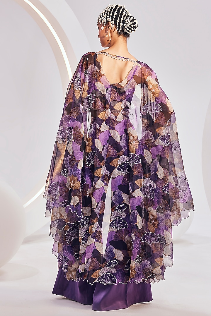 Purple & Beige Organza Printed Cape Set by Divya Aggarwal at Pernia's Pop Up Shop