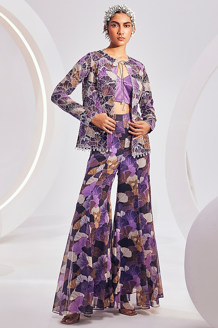 Purple & Beige Organza Printed Jacket Set by Divya Aggarwal at Pernia's Pop Up Shop