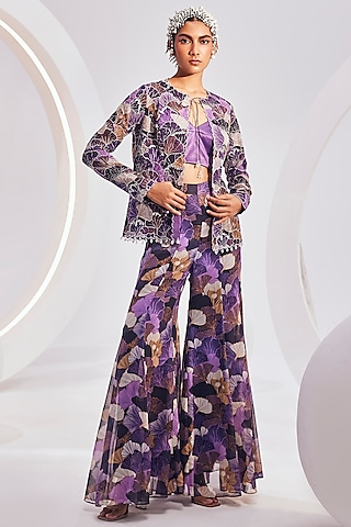Purple & Beige Organza Printed Jacket Set by Divya Aggarwal