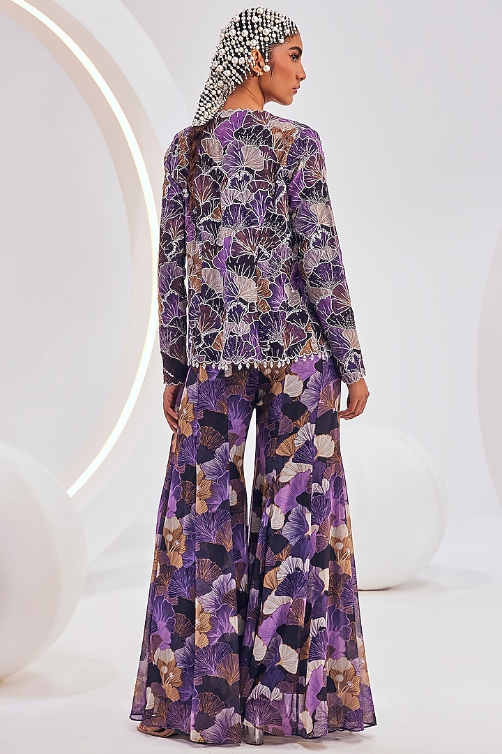 Purple & Beige Organza Printed Jacket Set by Divya Aggarwal at Pernia's Pop Up Shop
