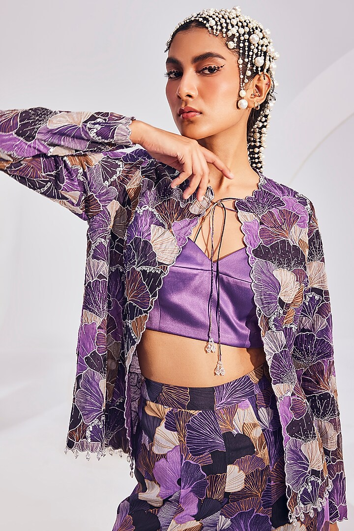 Purple & Beige Organza Printed Jacket Set by Divya Aggarwal at Pernia's Pop Up Shop
