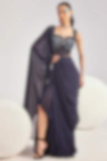 Navy Georgette Pre-Draped Concept Reception Saree Set by Divya Aggarwal at Pernia's Pop Up Shop