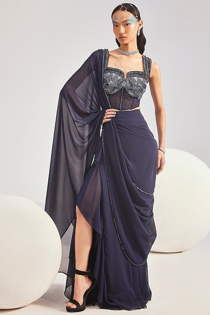 Navy Georgette Pre-Draped Concept Reception Saree Set by Divya Aggarwal at Pernia's Pop Up Shop