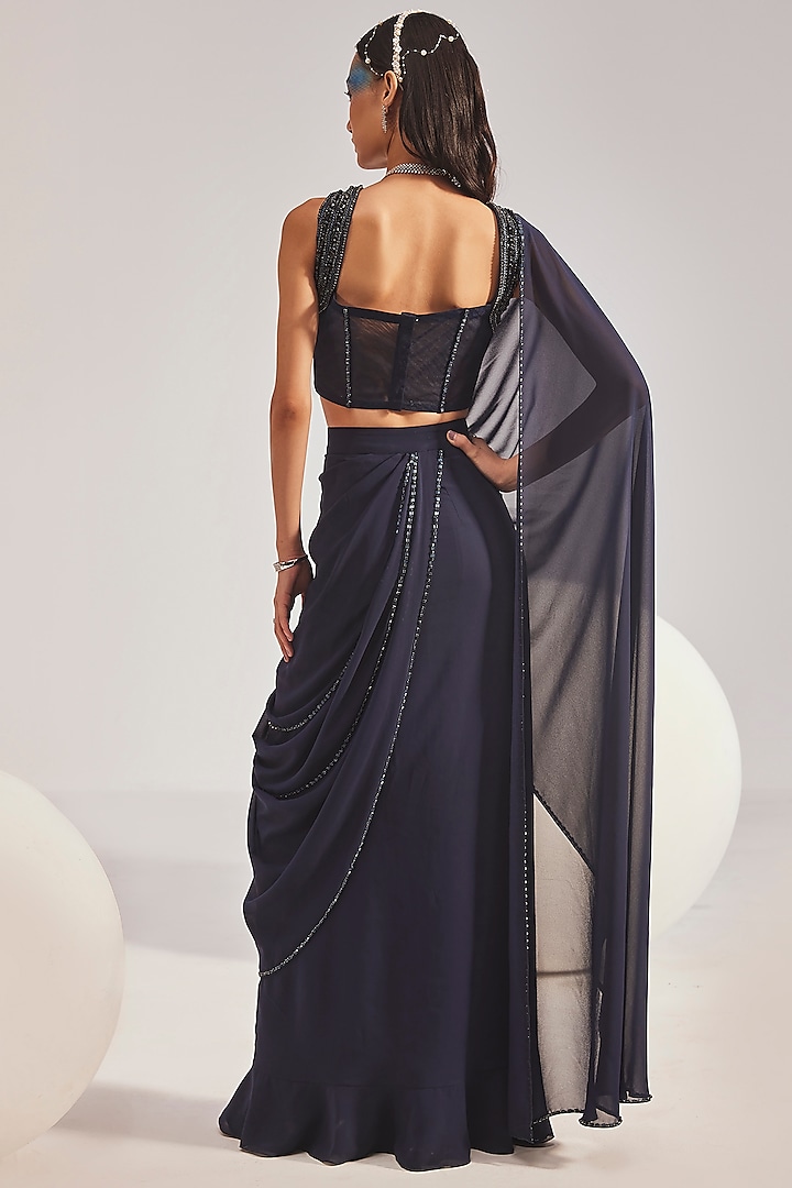 Navy Georgette Pre-Draped Concept Reception Saree Set by Divya Aggarwal at Pernia's Pop Up Shop