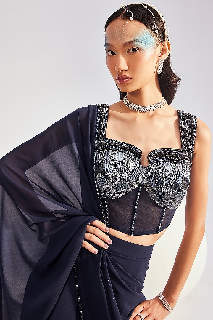 Navy Georgette Pre-Draped Concept Reception Saree Set by Divya Aggarwal at Pernia's Pop Up Shop