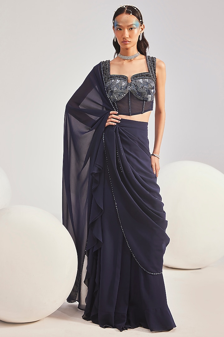 Navy Georgette Pre-Draped Concept Reception Saree Set by Divya Aggarwal at Pernia's Pop Up Shop