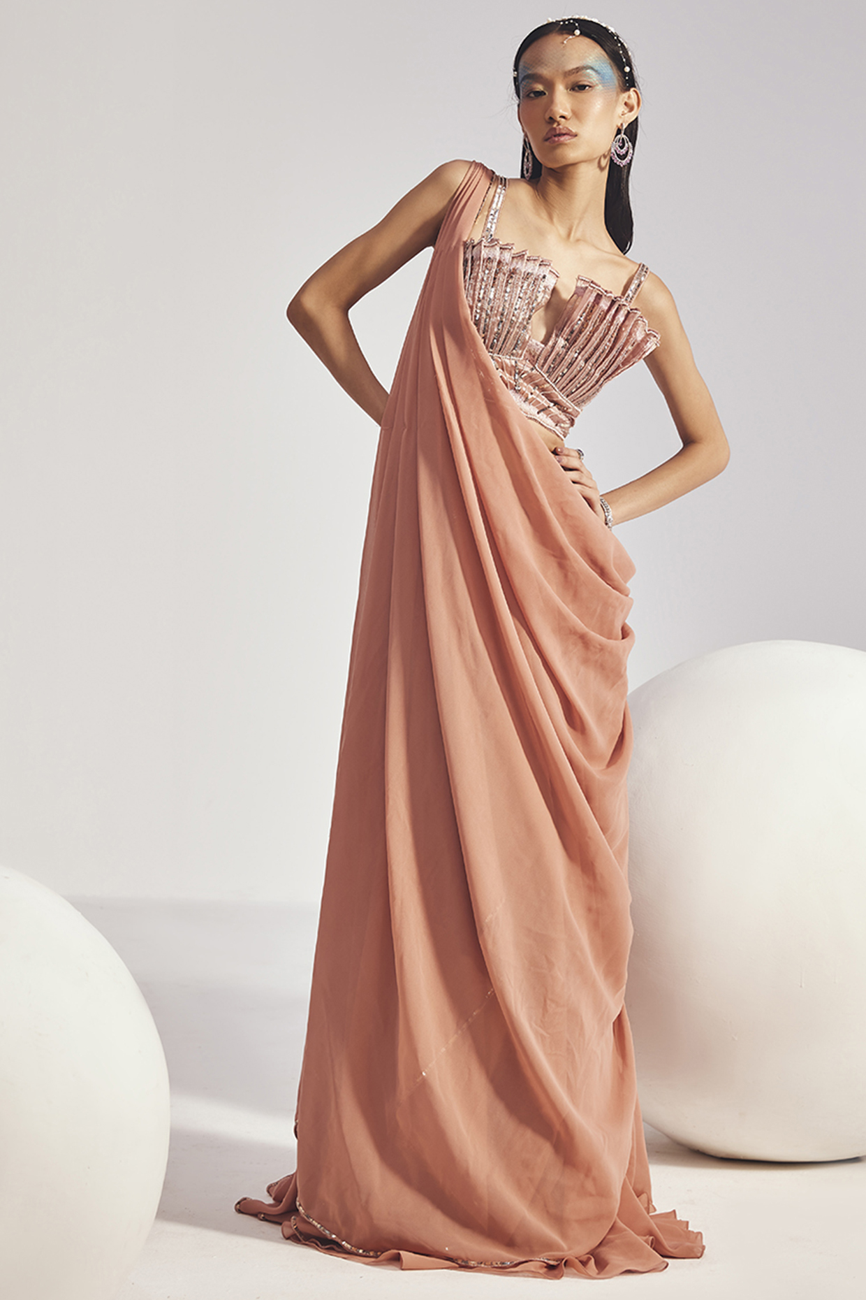 Blush Pink Georgette Draped Reception Saree Set by Divya Aggarwal at Pernia's Pop Up Shop