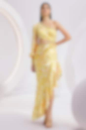 Yellow Satin Printed & Hand Embroidered Asymmetric One-Shoulder Dress by Divya Aggarwal at Pernia's Pop Up Shop