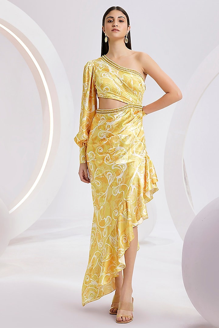 Yellow Satin Printed & Hand Embroidered Asymmetric One-Shoulder Dress by Divya Aggarwal at Pernia's Pop Up Shop