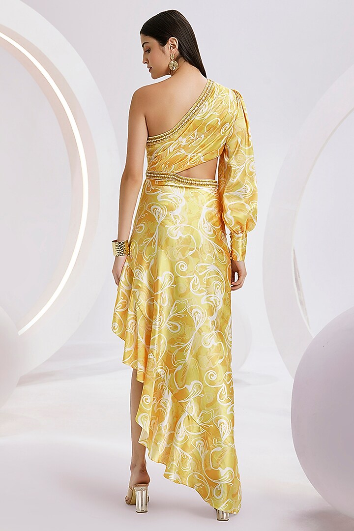 Yellow Satin Printed & Hand Embroidered Asymmetric One-Shoulder Cocktail Dress by Divya Aggarwal at Pernia's Pop Up Shop