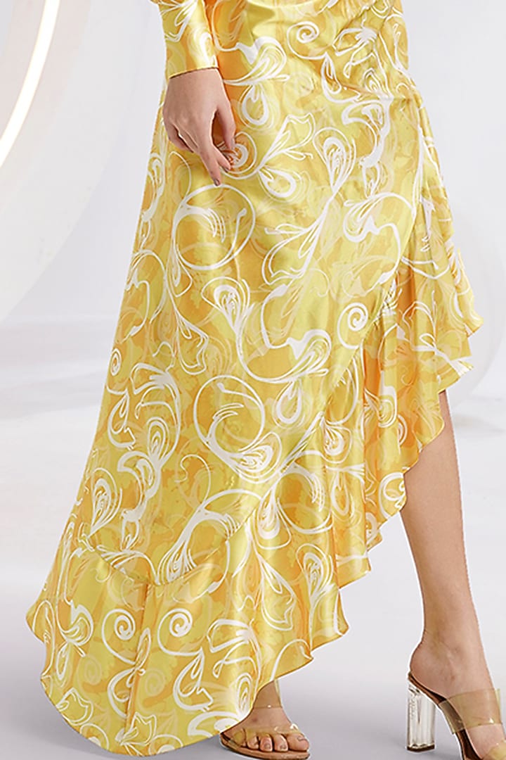 Yellow Satin Printed & Hand Embroidered Asymmetric One-Shoulder Dress by  Divya Aggarwal at Pernia's Pop Up Shop 2026