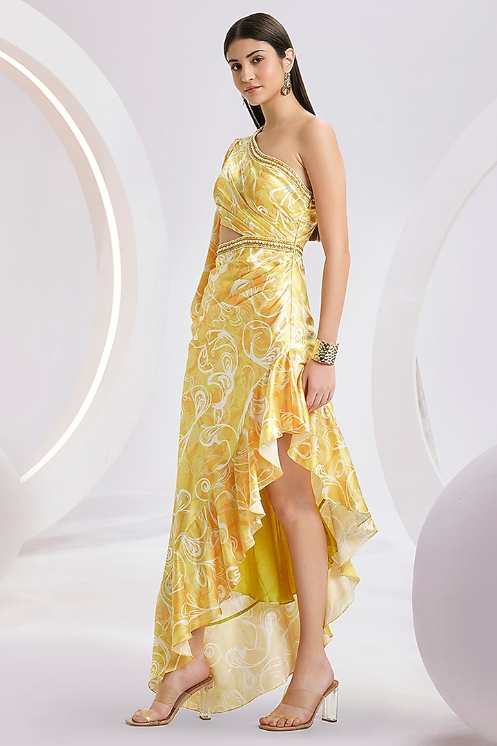 Yellow Satin Printed & Hand Embroidered Asymmetric One-Shoulder Dress by  Divya Aggarwal at Pernia's Pop Up Shop 2026