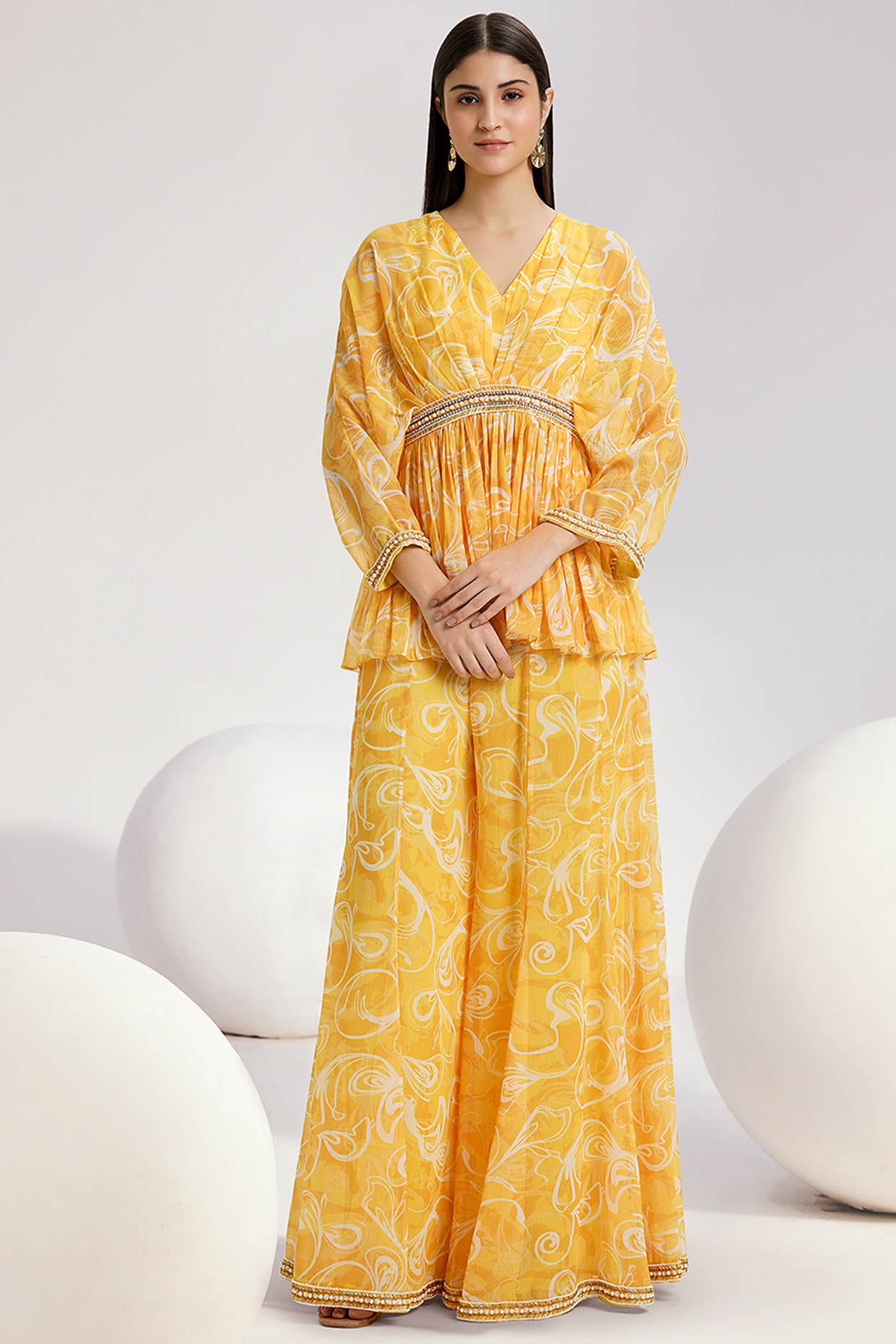 Yellow Chiffon Printed Kalidar Flared Wedding Sharara Set by Divya Aggarwal at Pernia's Pop Up Shop