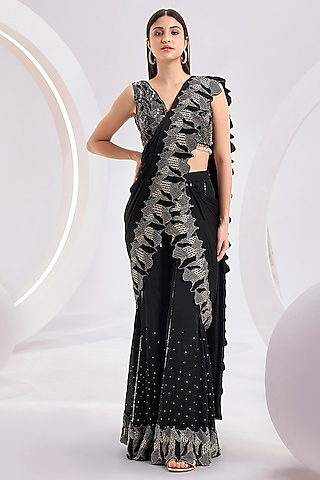 Black Chiffon Satin Hand & Machine Embroidered Sharara Pant Saree Set by Divya Aggarwal