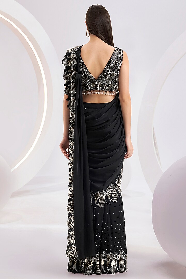 Black Chiffon Satin Hand & Machine Embroidered Sharara Pant Reception Saree Set by Divya Aggarwal at Pernia's Pop Up Shop