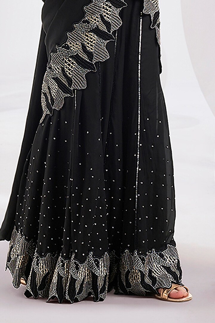 Black Chiffon Satin Hand & Machine Embroidered Sharara Pant Reception Saree Set by Divya Aggarwal at Pernia's Pop Up Shop