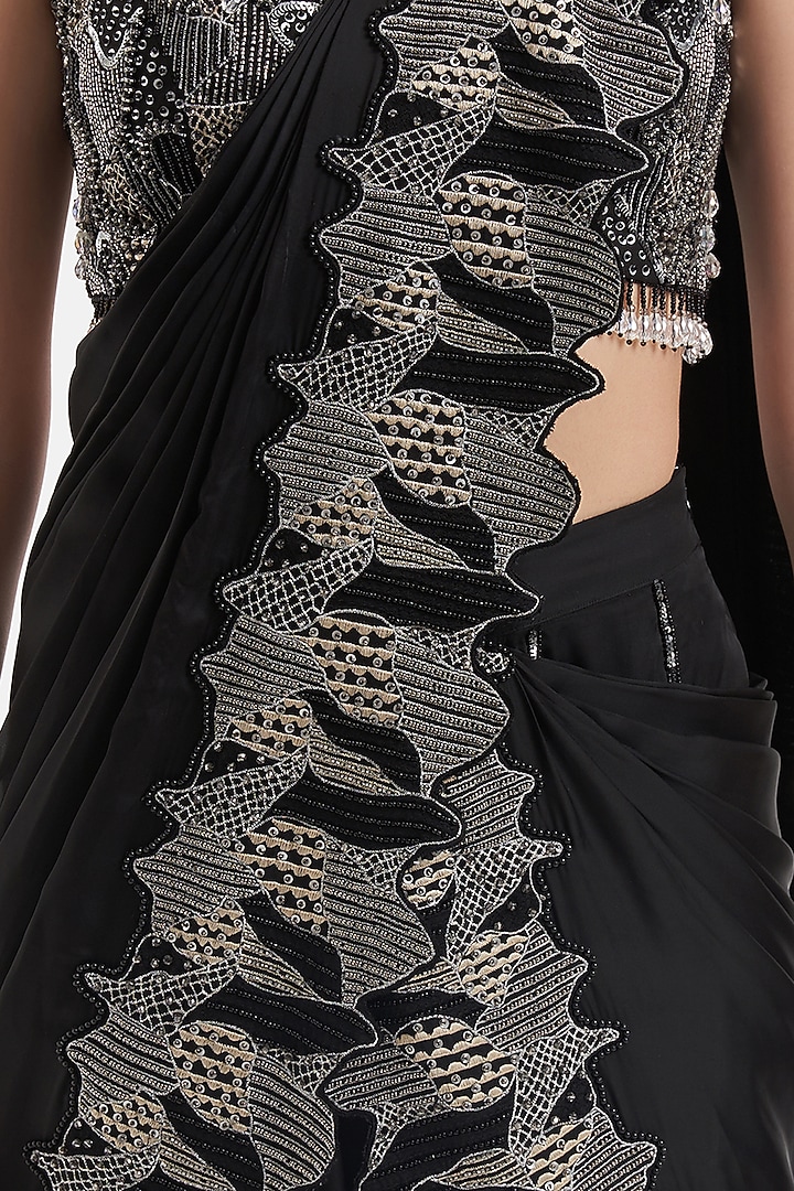 Black Chiffon Satin Hand & Machine Embroidered Sharara Pant Reception Saree Set by Divya Aggarwal at Pernia's Pop Up Shop