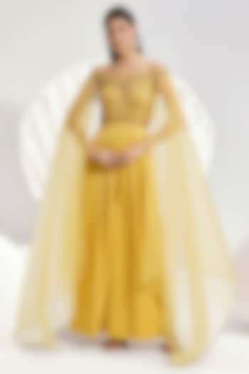 Yellow Satin & Organza Hand & Machine Embroidered Jumpsuit by Divya Aggarwal at Pernia's Pop Up Shop