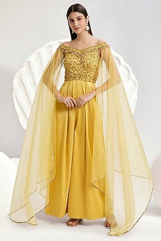 Yellow Satin & Organza Hand & Machine Embroidered Jumpsuit by Divya Aggarwal