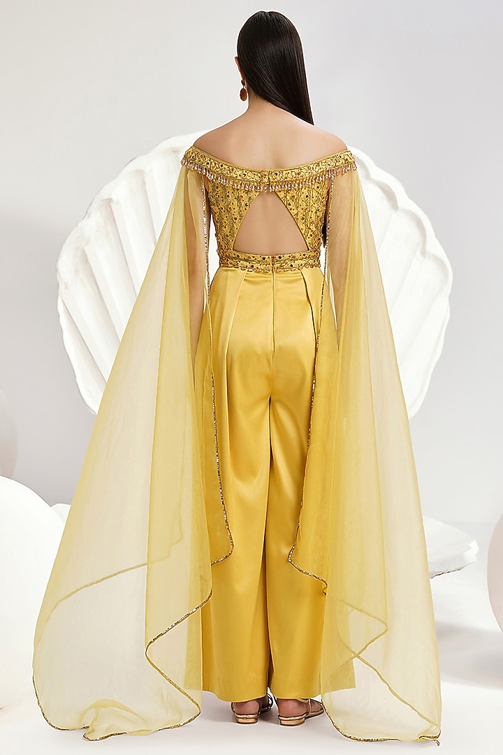 Yellow Satin & Organza Hand & Machine Embroidered Jumpsuit by Divya Aggarwal at Pernia's Pop Up Shop
