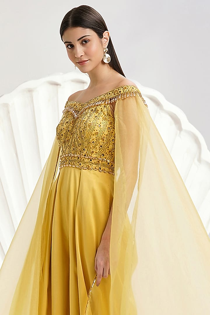 Yellow Satin & Organza Hand & Machine Embroidered Jumpsuit by Divya Aggarwal at Pernia's Pop Up Shop