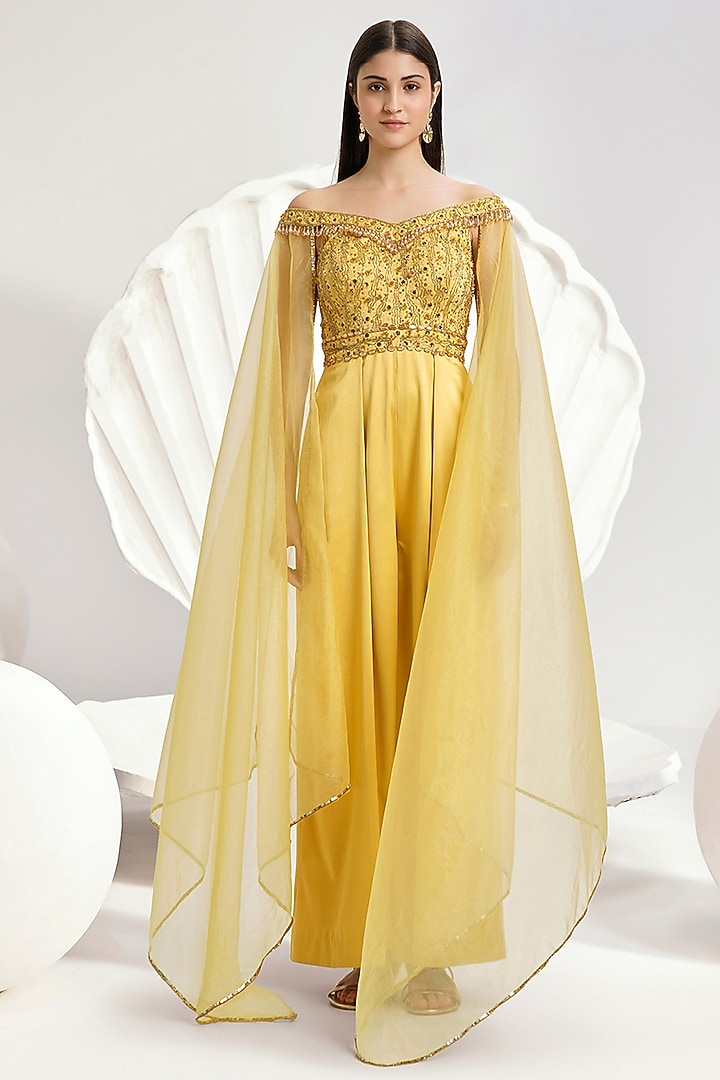 Yellow Satin & Organza Hand & Machine Embroidered Jumpsuit by Divya Aggarwal at Pernia's Pop Up Shop