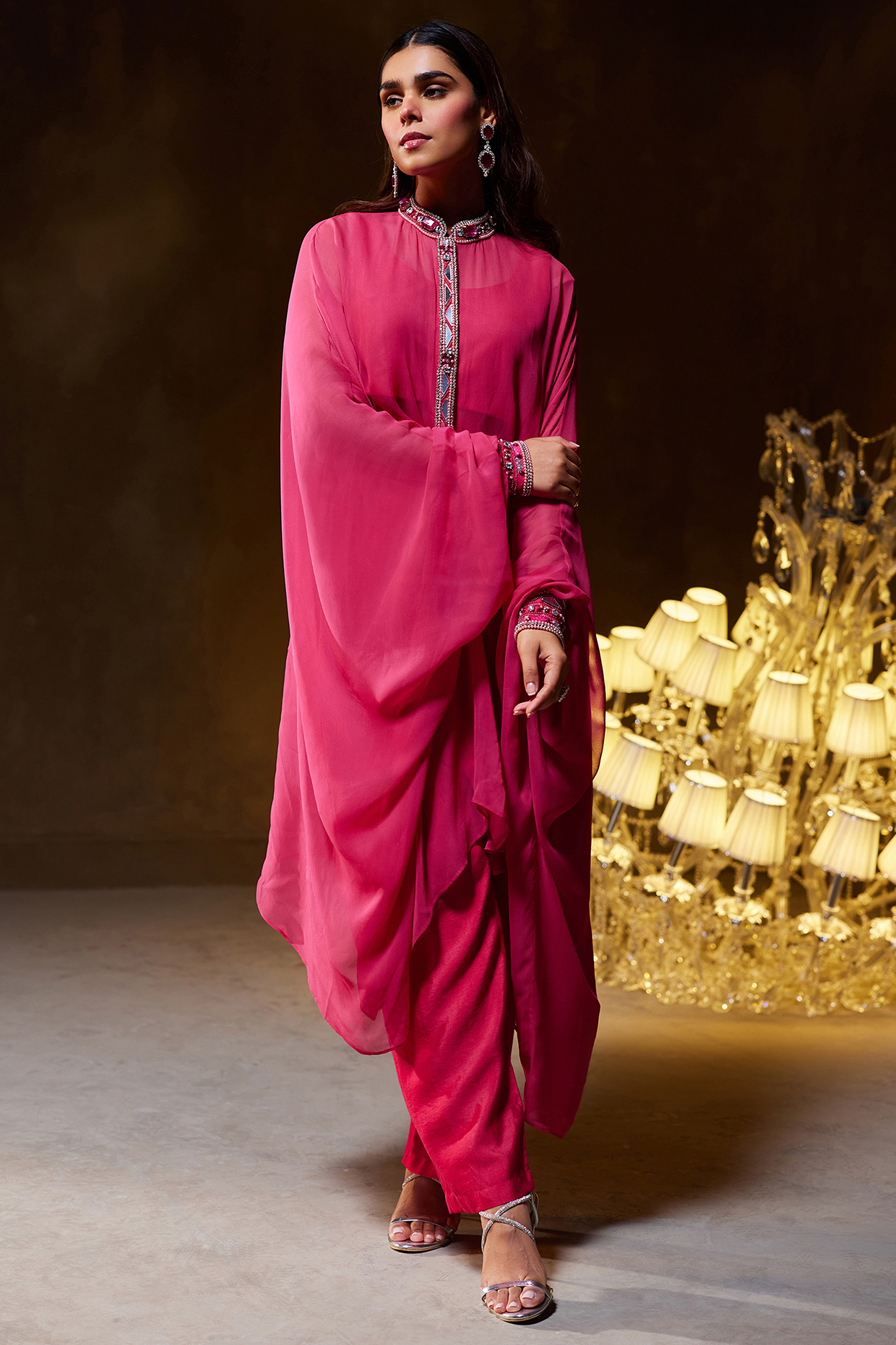 Fuchsia Georgette & Muslin Silk Embellished Cape Set by Divya Aggarwal at Pernia's Pop Up Shop