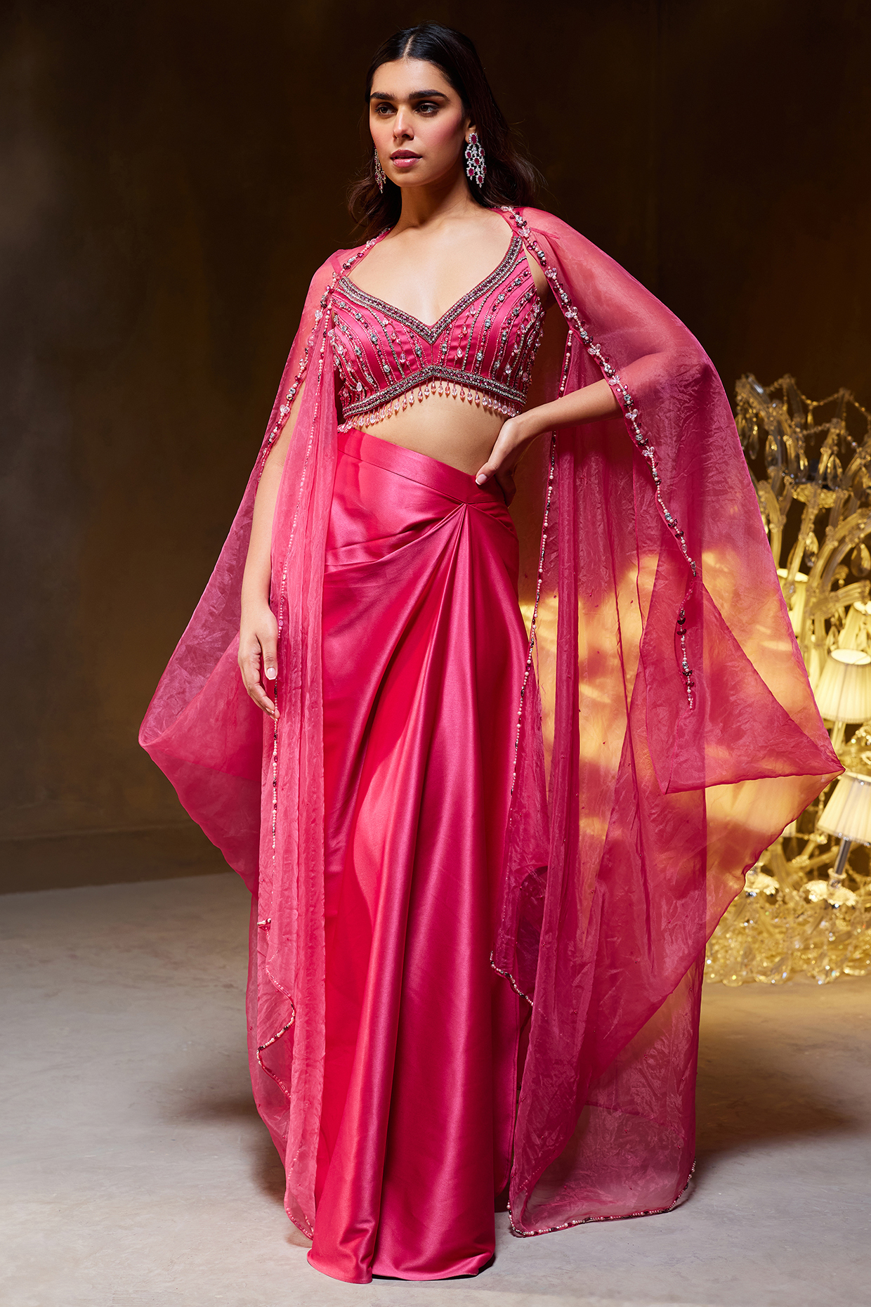 Fuchsia Heavy Satin Skirt Set by Divya Aggarwal at Pernia's Pop Up Shop