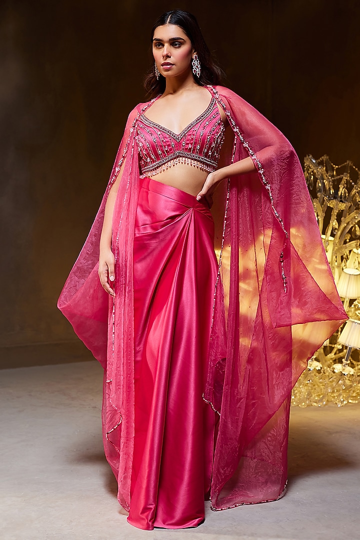 Fuchsia Heavy Satin Skirt Set by Divya Aggarwal at Pernia's Pop Up Shop