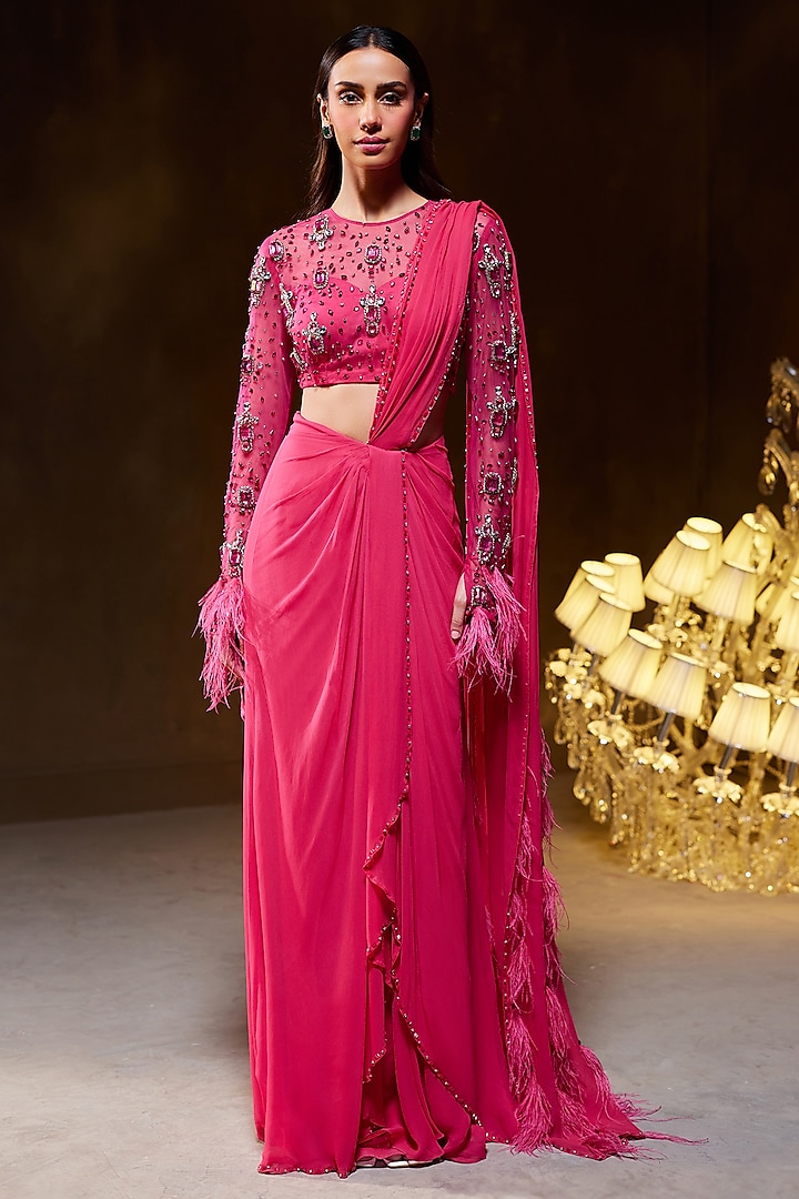 Fuchsia Georgette & Tulle Mesh Draped Saree Set by Divya Aggarwal at Pernia's Pop Up Shop