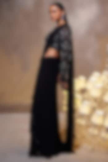 Black Georgette & Tulle Mesh Draped Saree Set by Divya Aggarwal at Pernia's Pop Up Shop