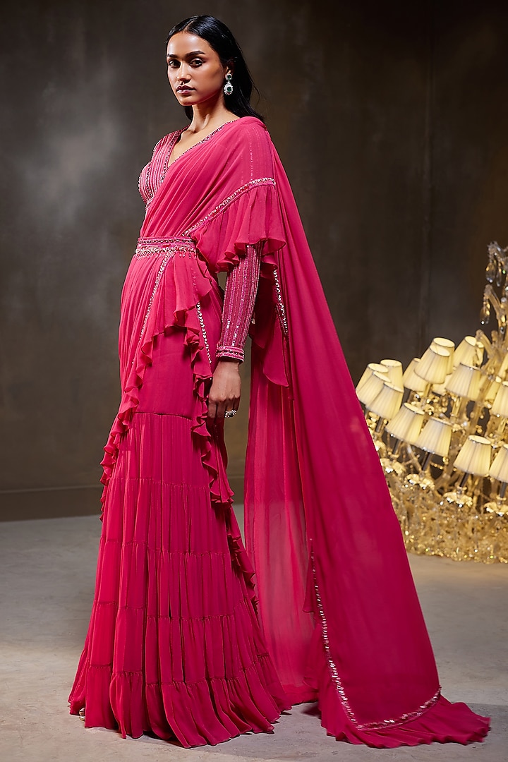 Fuchsia Georgette Pre-Stitched Ruffle Saree Set by Divya Aggarwal at Pernia's Pop Up Shop