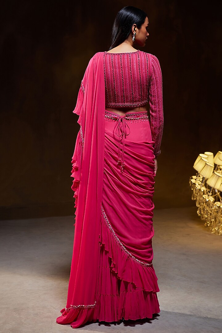 Fuchsia Georgette Pre-Stitched Ruffle Reception Saree Set by Divya Aggarwal at Pernia's Pop Up Shop