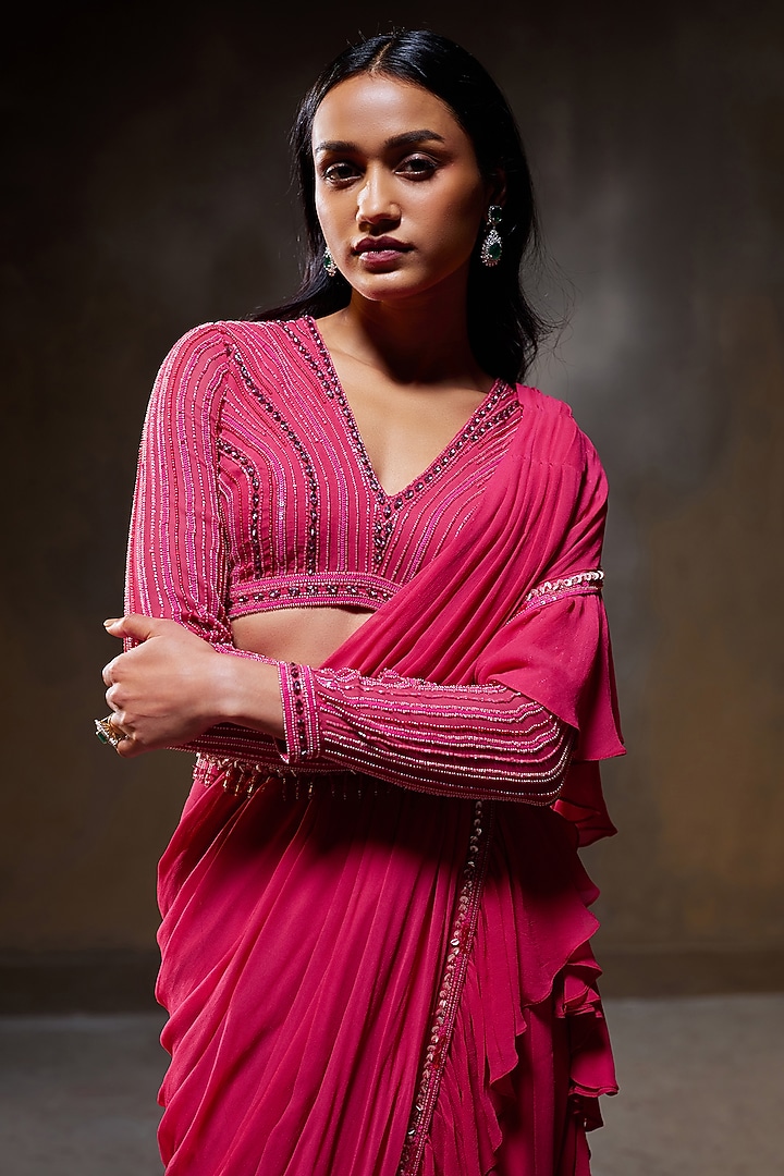 Fuchsia Georgette Pre-Stitched Ruffle Reception Saree Set by Divya Aggarwal at Pernia's Pop Up Shop