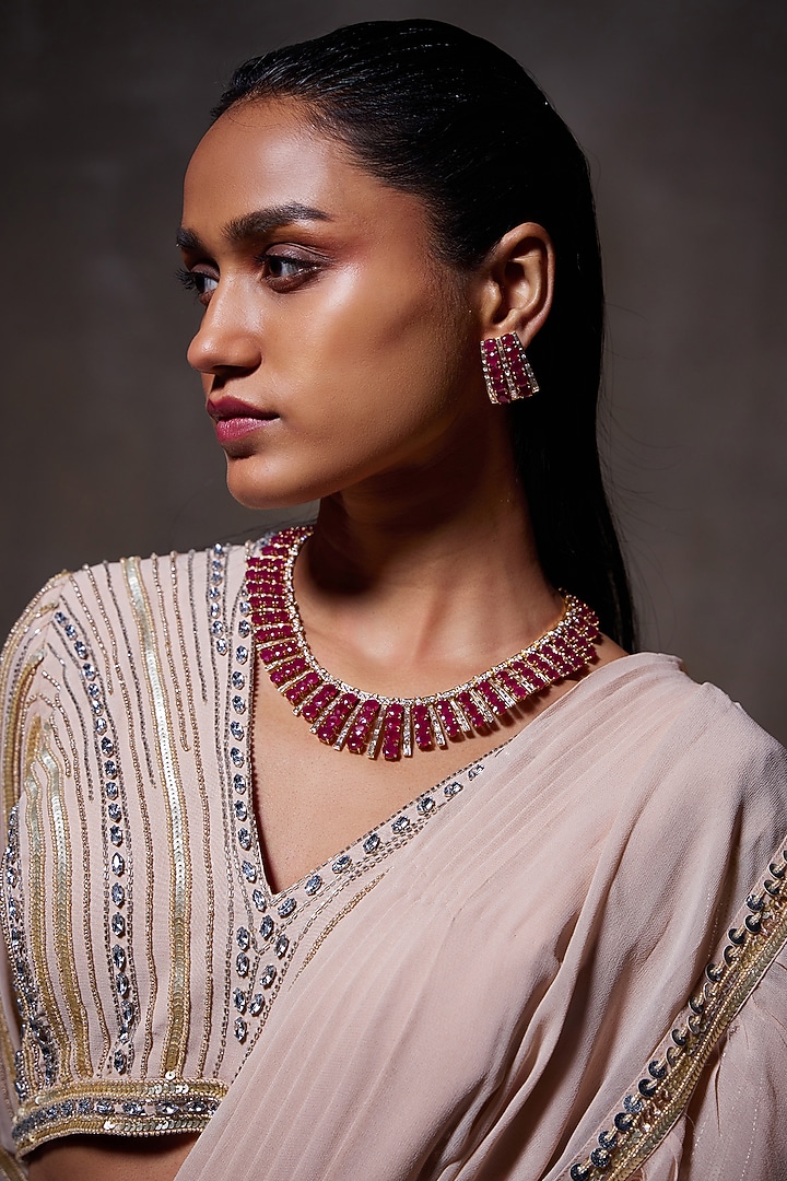 Beige Georgette Ruffle Reception Saree Set by Divya Aggarwal at Pernia's Pop Up Shop