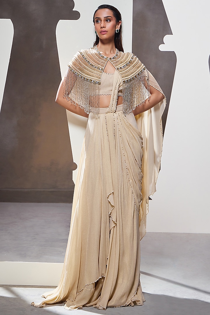 Beige Foil Georgette & Tulle Mesh Concept Saree Set by Divya Aggarwal at Pernia's Pop Up Shop