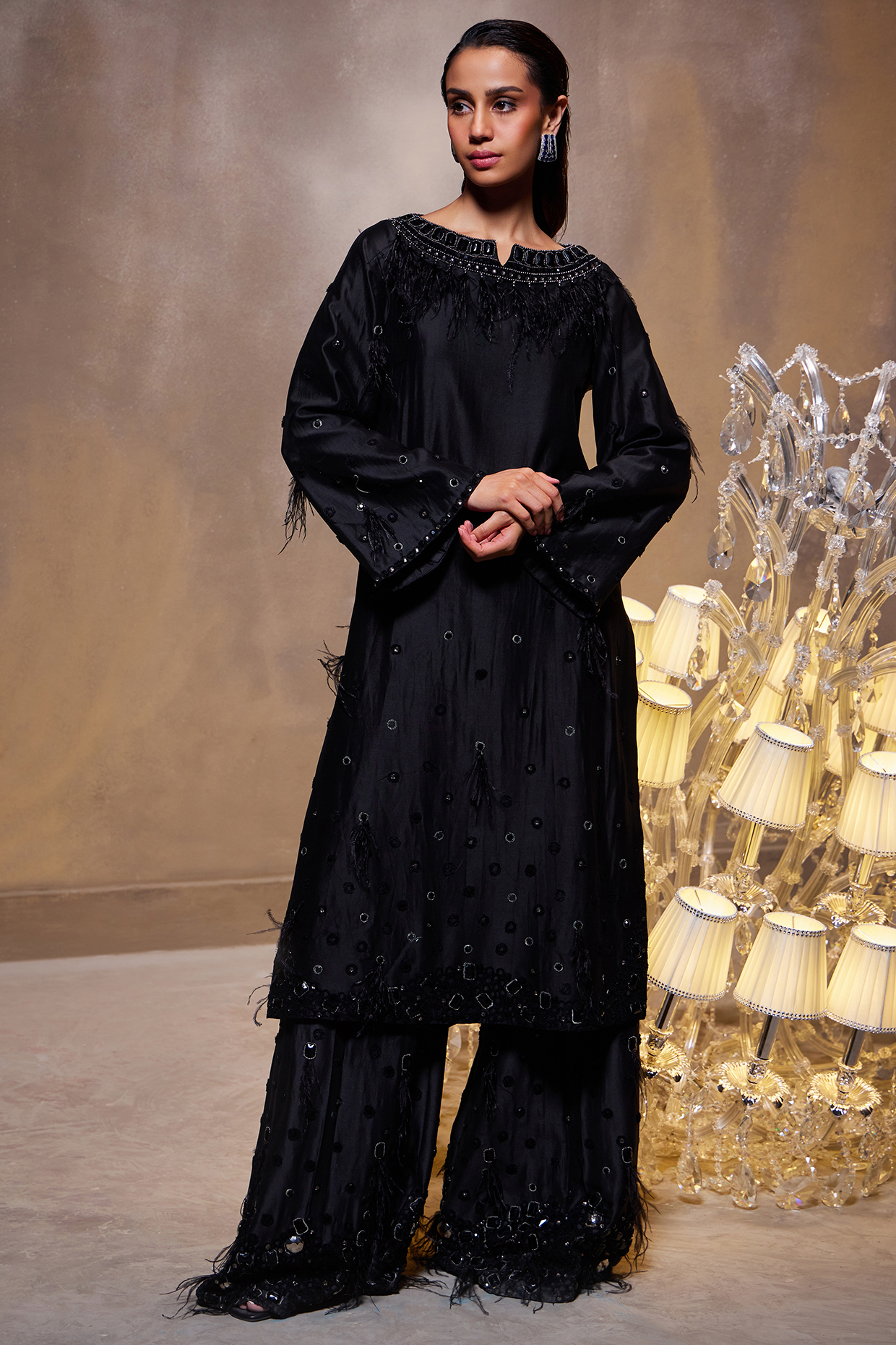 Black Chanderi Silk Embellished Wedding Sharara Set by Divya Aggarwal at Pernia's Pop Up Shop