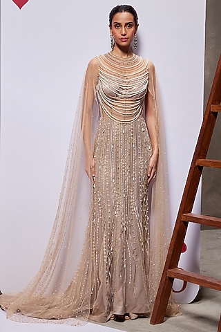 Beige Royal Georgette Foil Pearl Embellished Gown by Divya Aggarwal