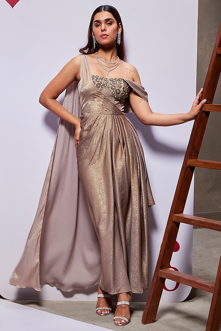 Beige Royal Georgette Foil Embellished Gown by Divya Aggarwal