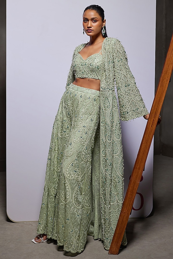 Sage Green Organza Embroidered Jacket Set by Divya Aggarwal