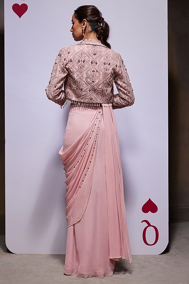 Blush Pink Organza & Georgette Pre-Draped Reception Saree Set by Divya Aggarwal at Pernia's Pop Up Shop